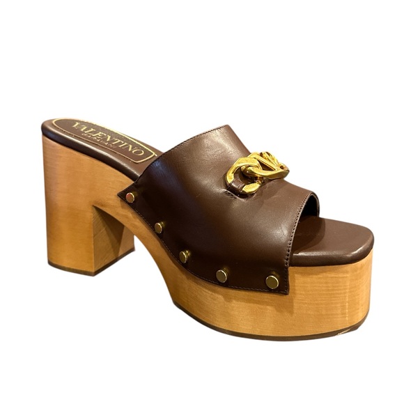 Valentino Garavani brown calf leather VLogo platform sandals mules . 38.5 NWB - Picture 5 of 11
